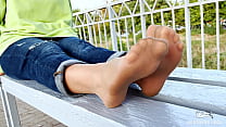Tan Nylon Soles With Blue Jeans Teasing On The Bench